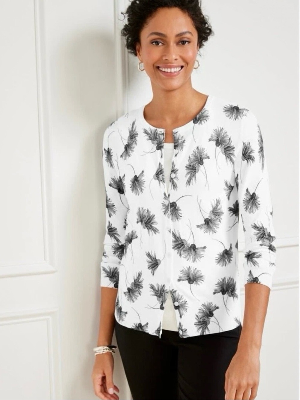 Talbots White Button-Front Floral Cardigan
